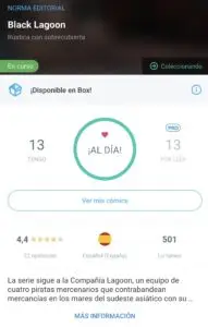 Ficha de un manga "Black Lagoon" en la app Whakoom, mostrando detalles y puntuación