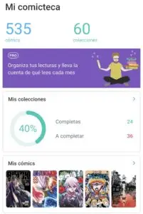 Panel principal de "Mi comiteca" en la app Whakoom, mostrando estadísticas de la colección de comics.